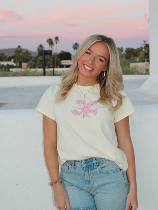 These Three Tops - Cream Short Sleeve Tee with Pink Lobster Motif